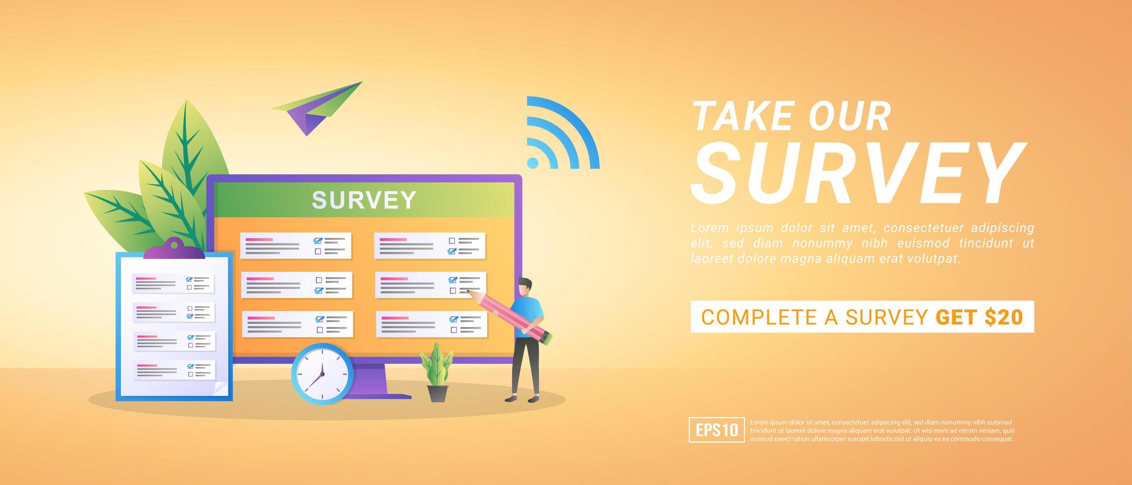 Take an online survey concept. Get commission from online surveys. Answer questions and get prizes. vector