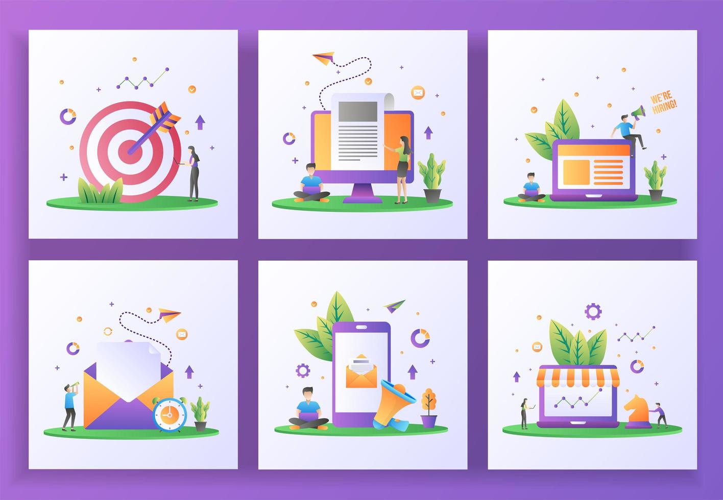 Set of flat design concept. Targeting, Breaking news, We are hiring, Send mail, Digital marketing vector