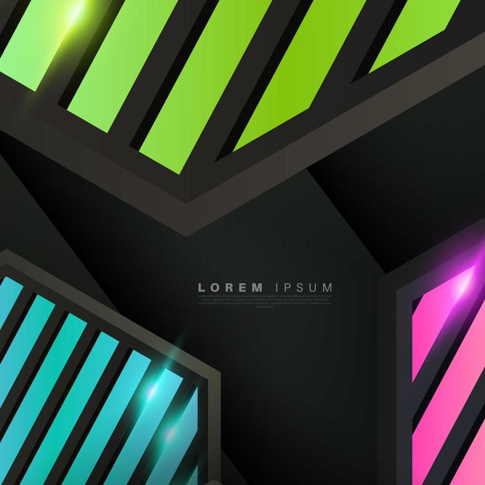 Black ray hexagon with neon stripes background vector