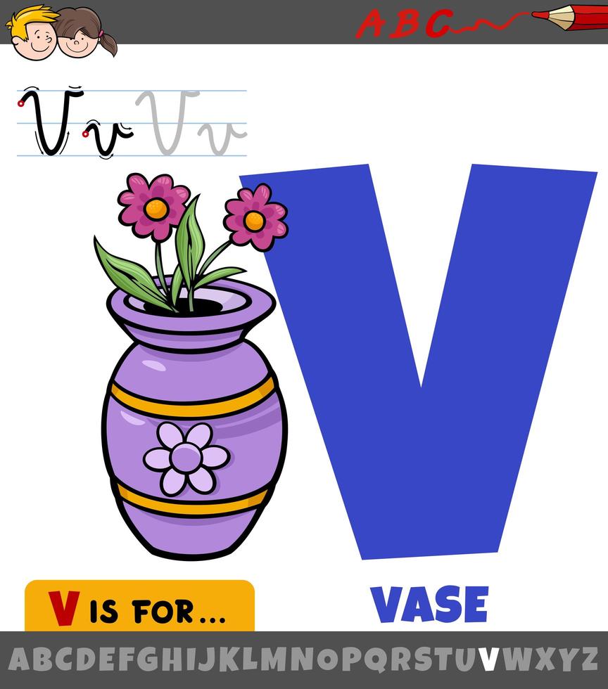 letter V from alphabet with cartoon vase object vector