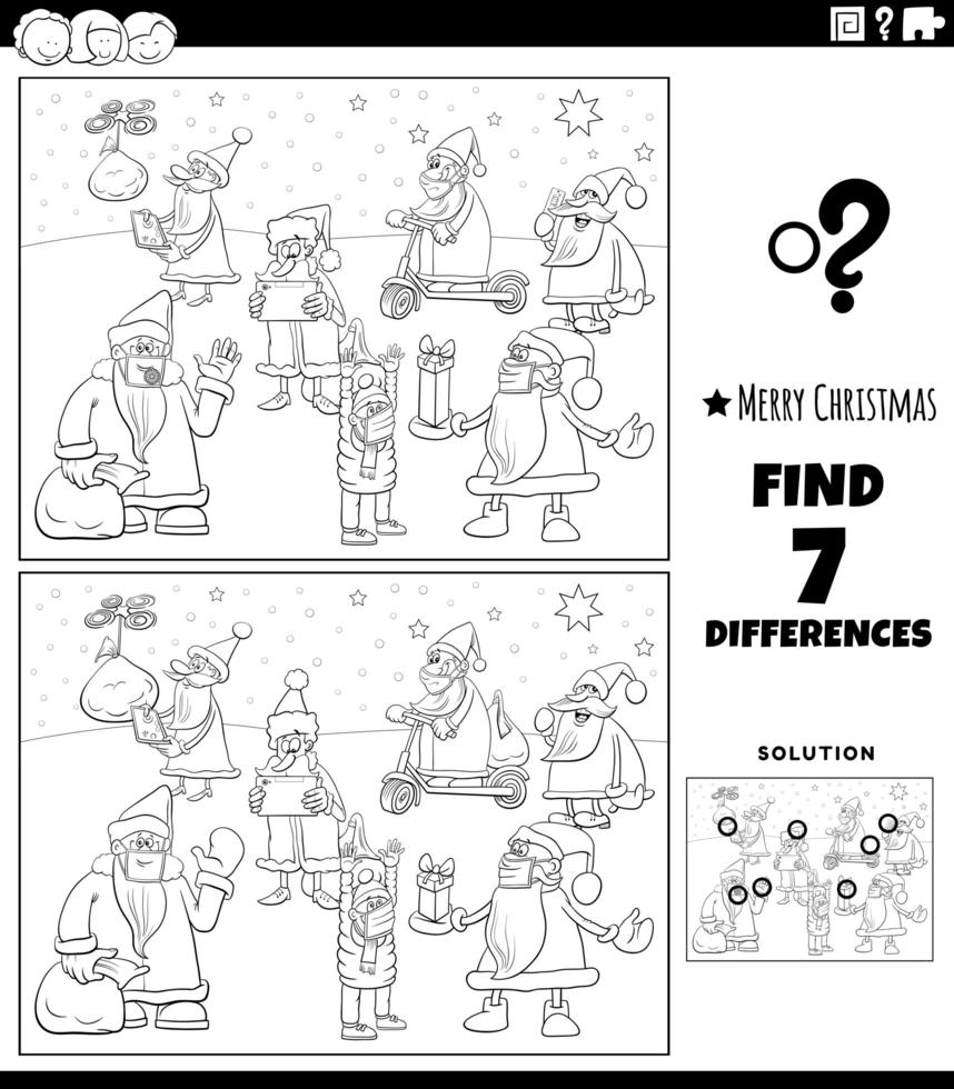 differences game with Christmas characters coloring book page vector