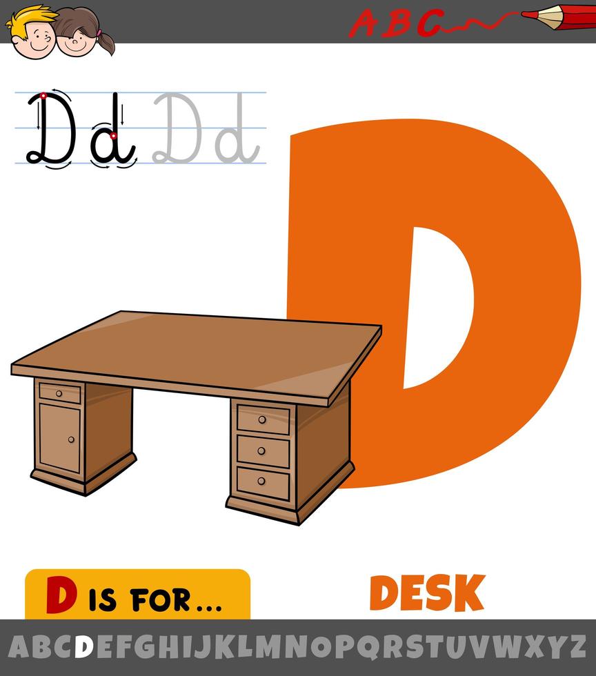 letra d del alfabeto con escritorio de dibujos animados vector