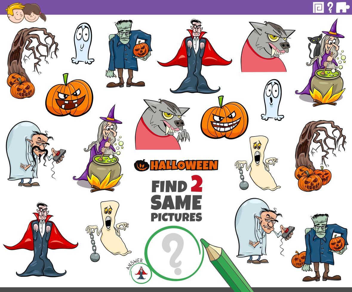 encuentra dos mismos personajes de halloween juego educativo para niños vector