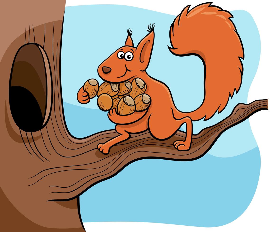 cartoon squirrel carrying acorns to the hollow vector