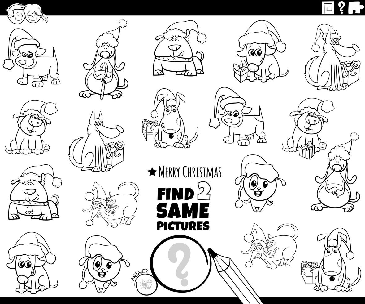 find two same puppies characters task coloring book page vector