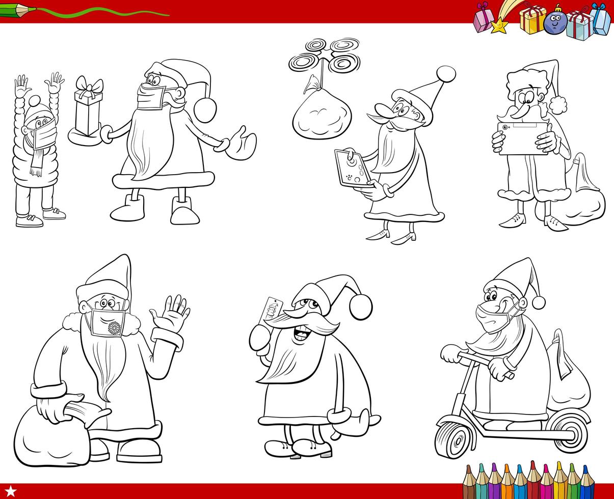 Christmas holidays humorous cartoons set coloring book page vector