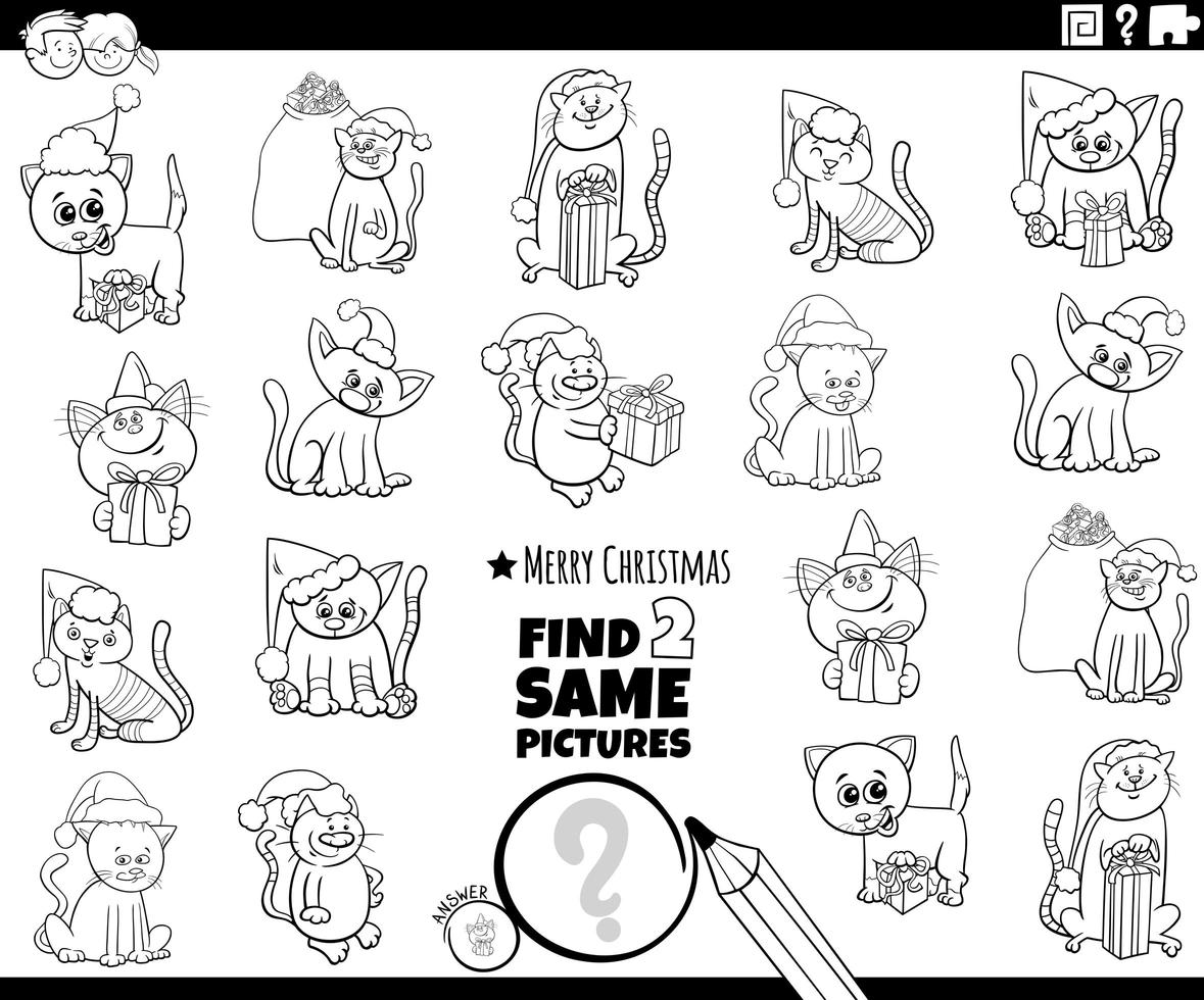 find two same kittens characters task coloring book page vector