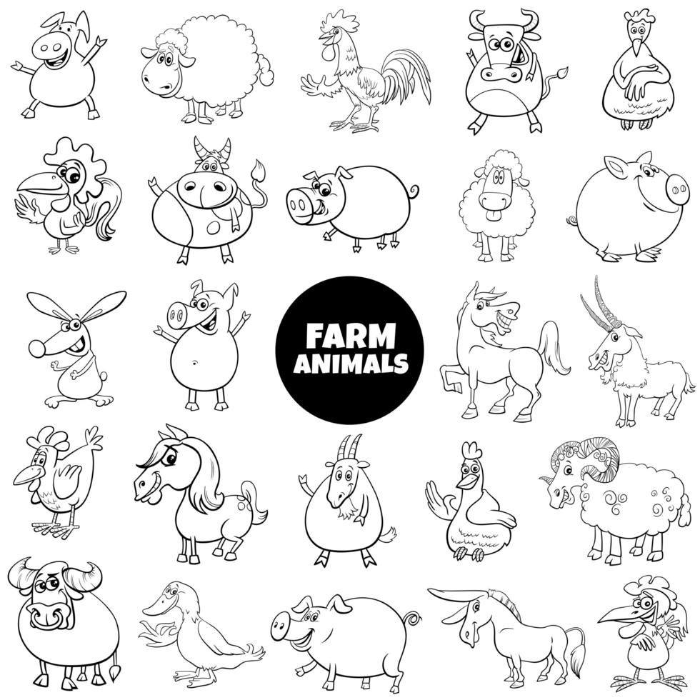 black and white cartoon farm animal characters big set vector