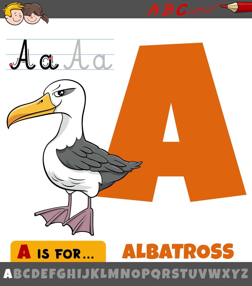 letter A worksheet with cartoon albatross bird vector