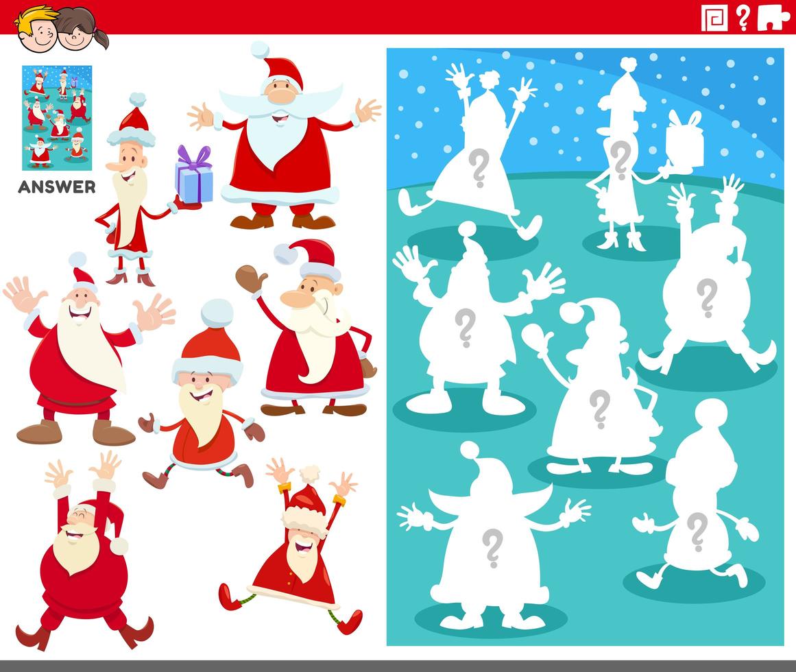 matching shapes game with cartoon Santa Claus characters vector