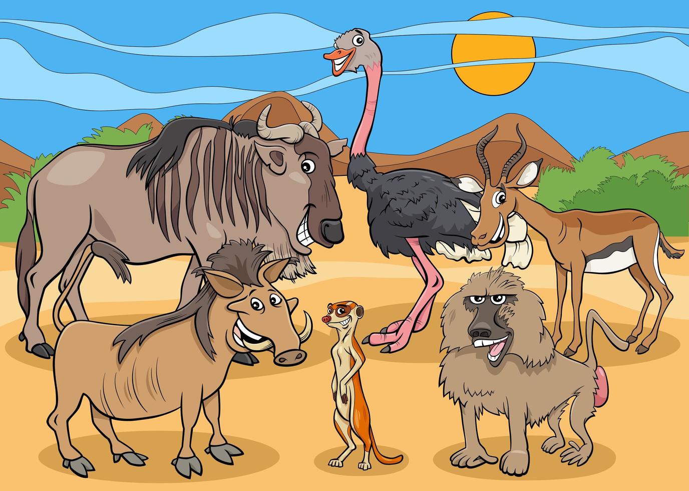 cartoon African wild animal characters group vector