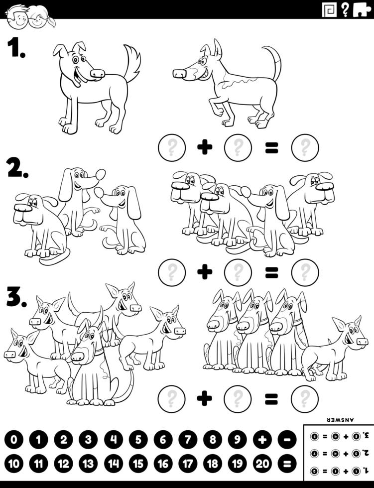 Tarea educativa de adición de matemáticas con personajes de perros. vector