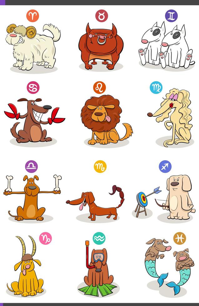 horoscope zodiac signs set with comic dog characters vector