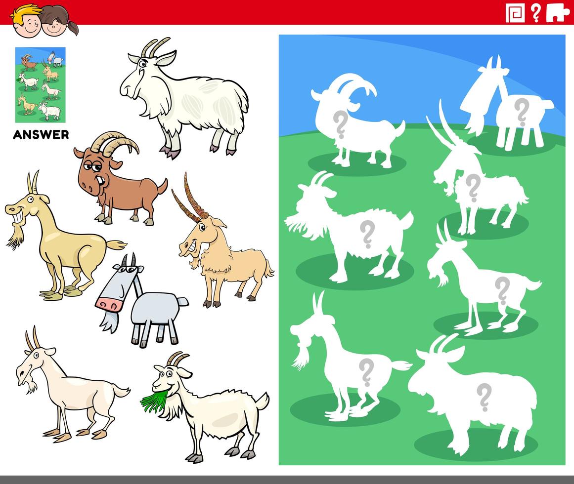 matching shapes game with cartoon goat characters vector