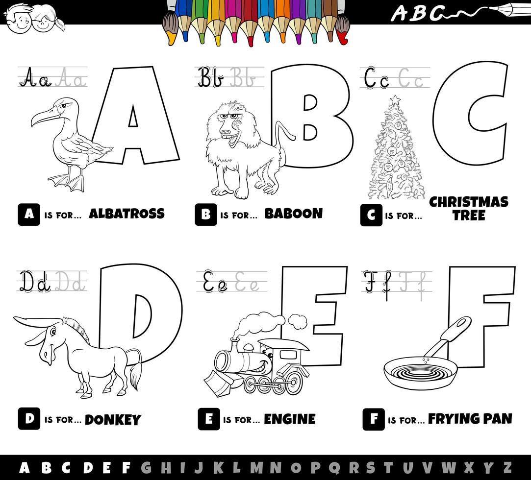 Conjunto de letras del alfabeto de dibujos animados educativos de la A a la F para colorear vector