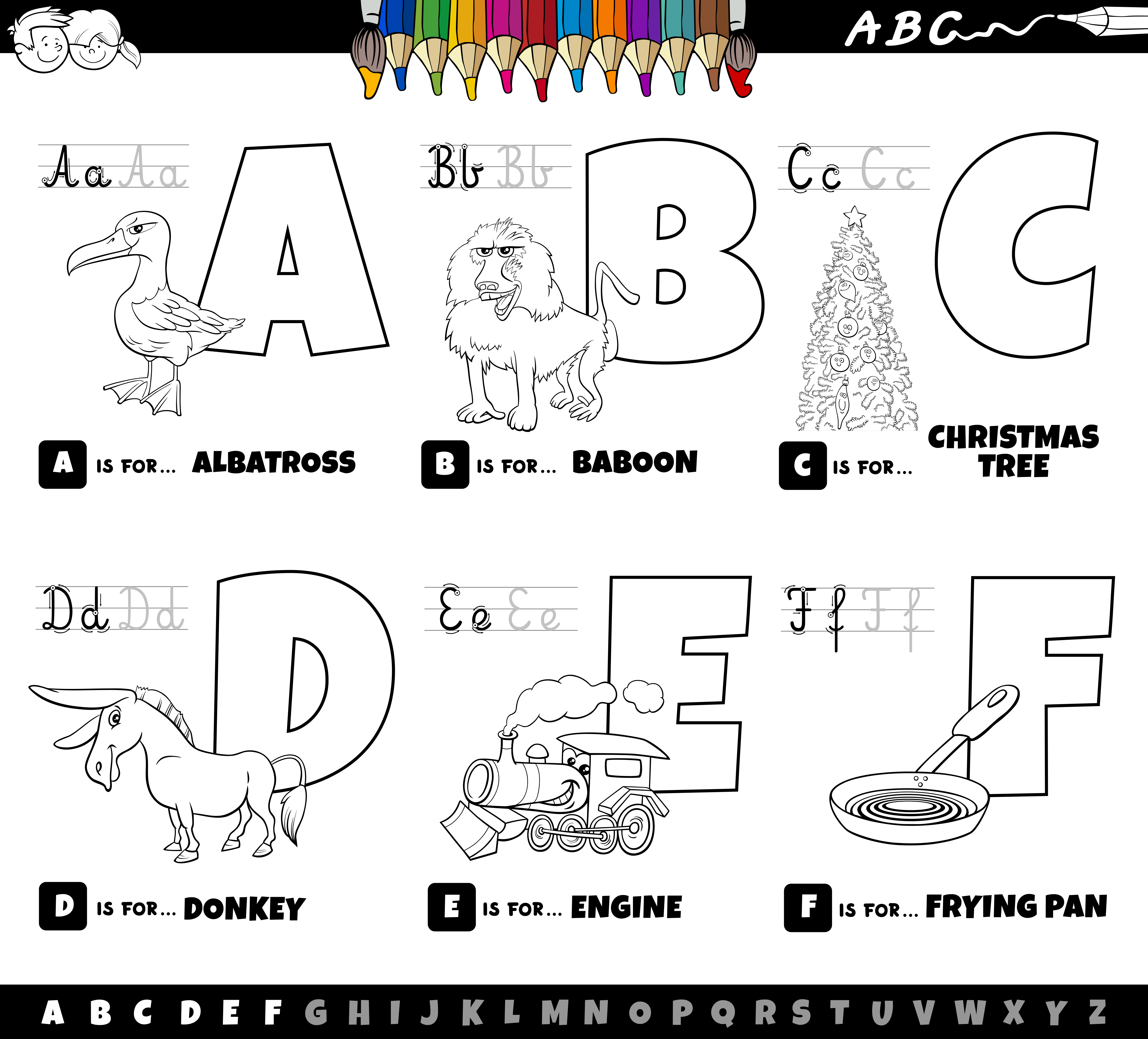 Download Educational Cartoon Alphabet Letters Set From A To F Coloring Book 1945102 Vector Art At Vecteezy