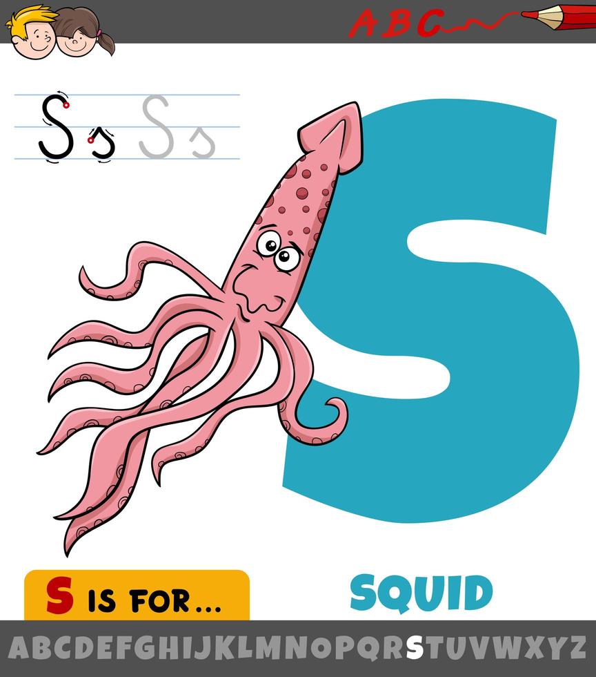 letter S worksheet with cartoon squid vector