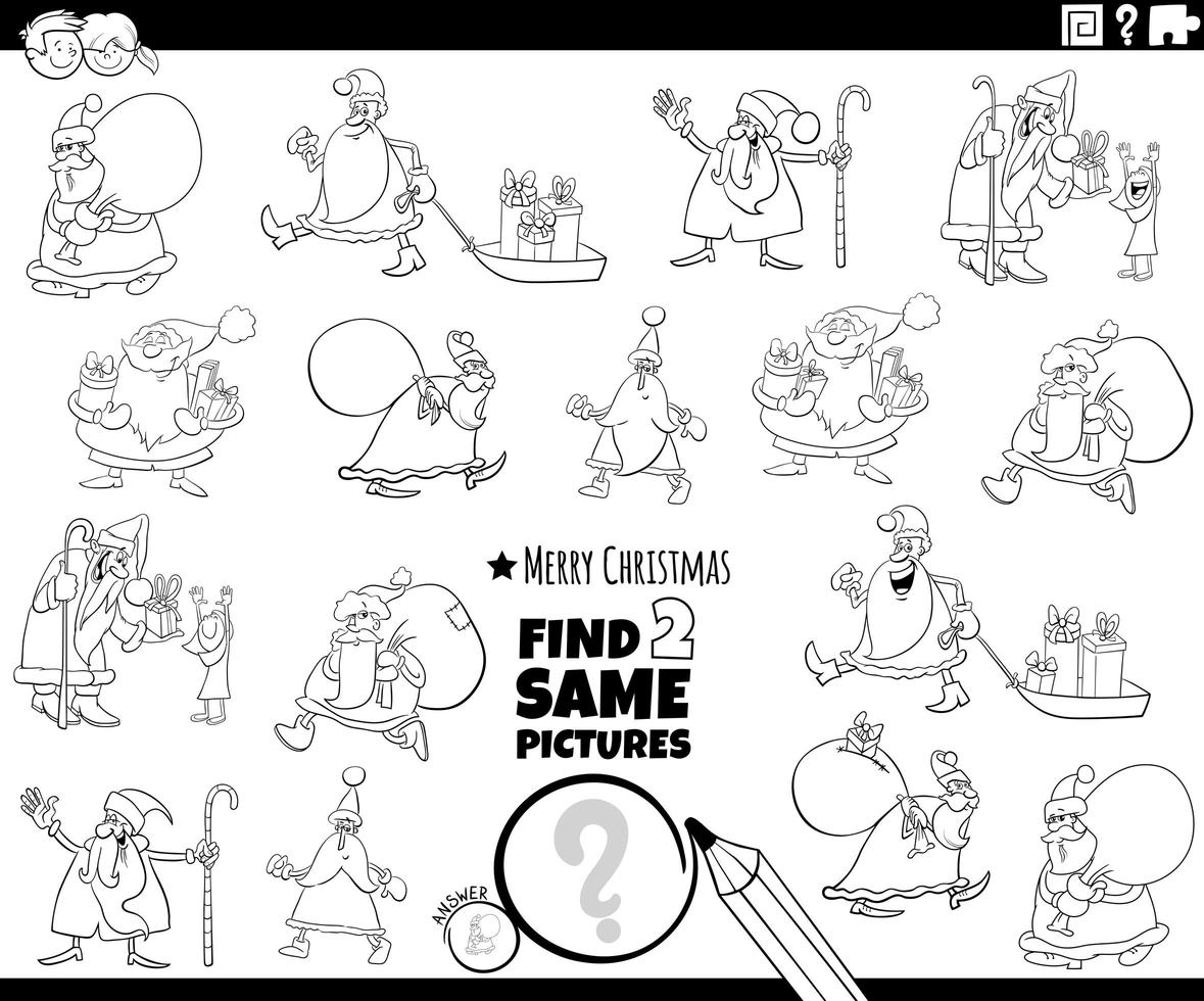 find two same Santa Claus characters task coloring book page vector
