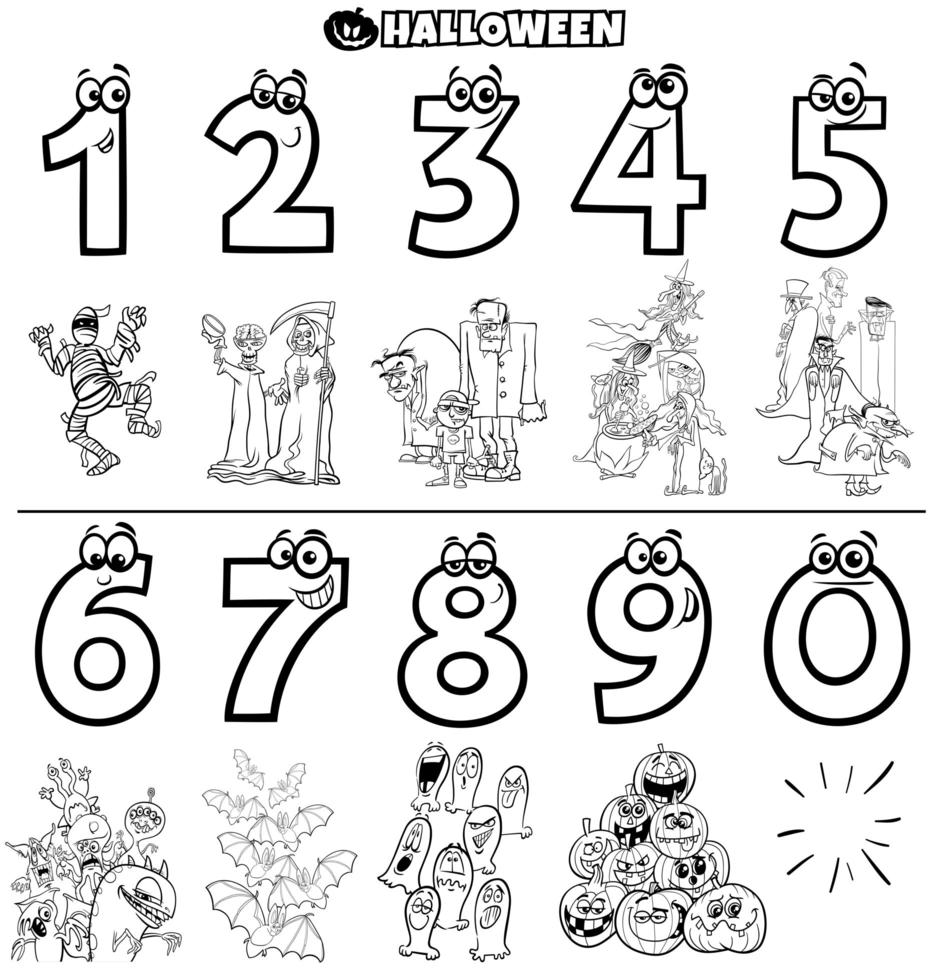 educational numbers set with Halloween characters color book vector