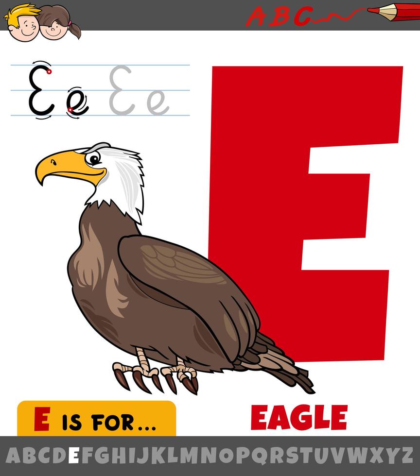 letter E worksheet with cartoon eagle bird vector