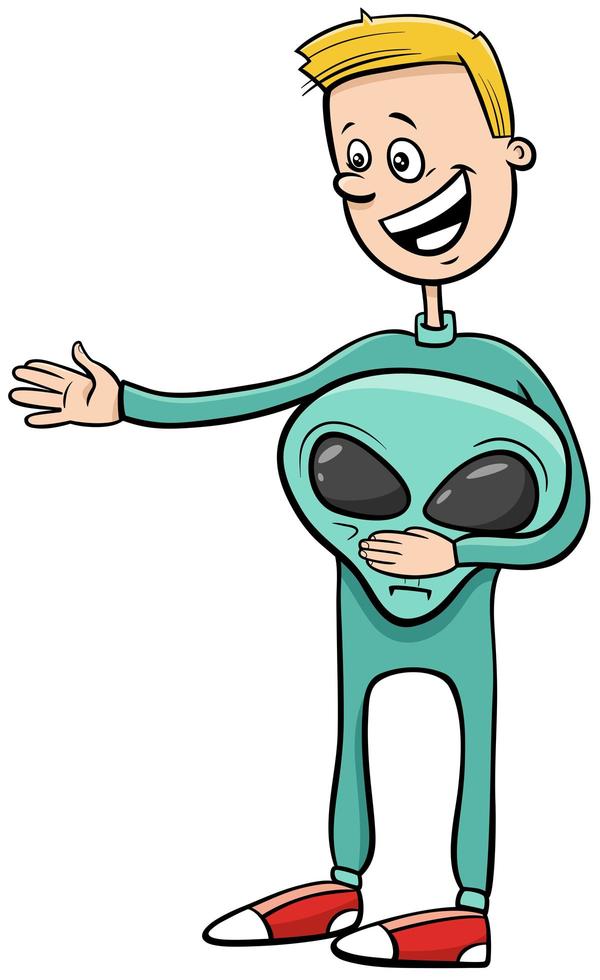 boy in alien costume at Halloween party cartoon illustration vector