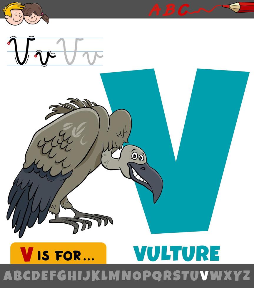 letter V worksheet with cartoon vulture bird animal vector