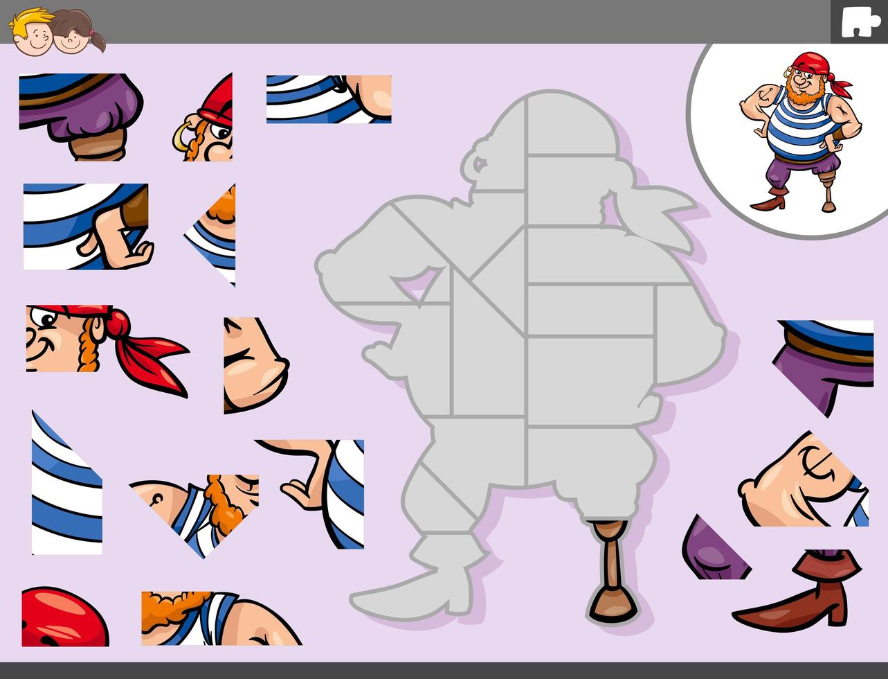 jigsaw puzzle game with pirate fantasy character vector