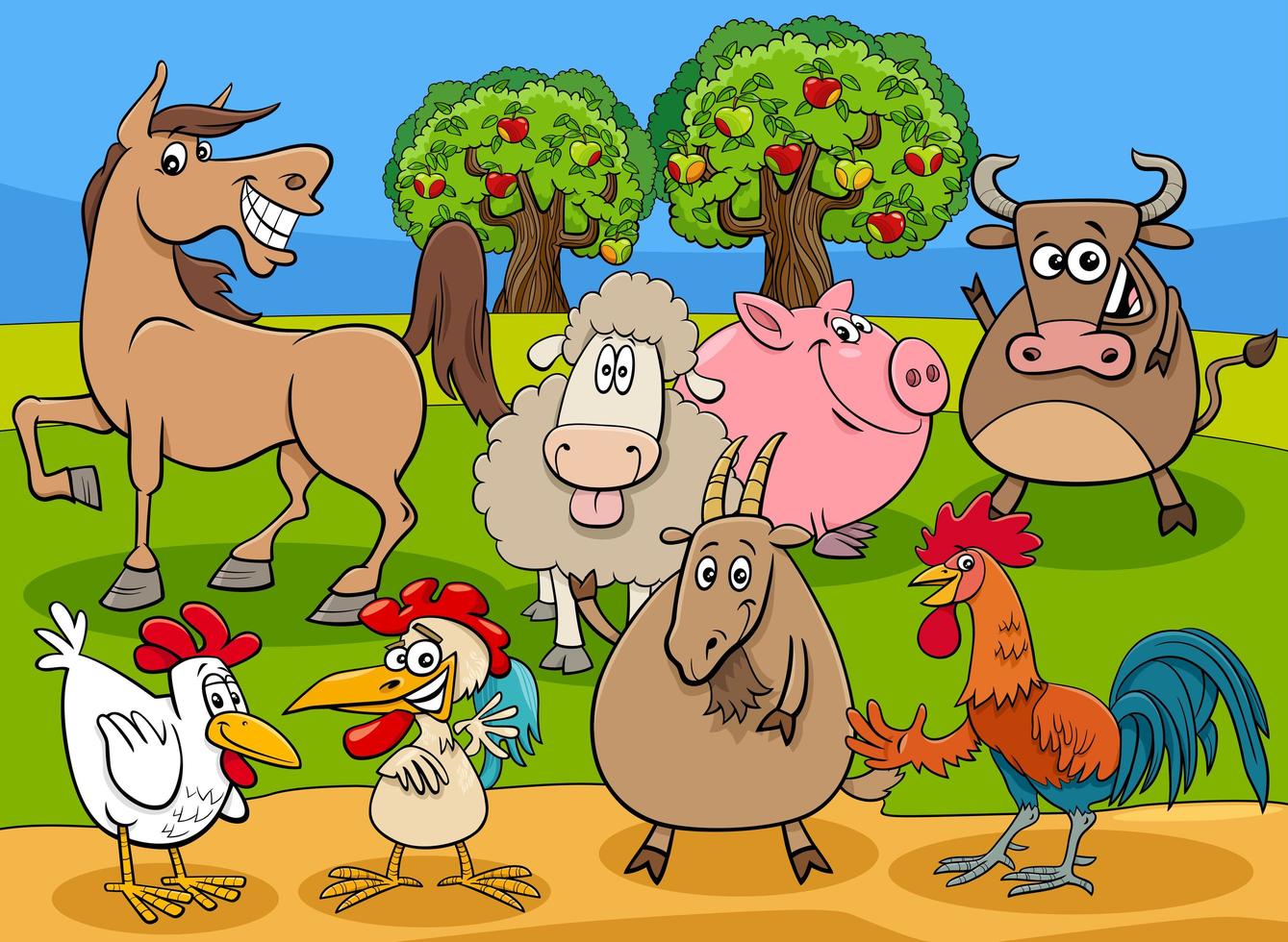 funny farm animals cartoon characters group vector
