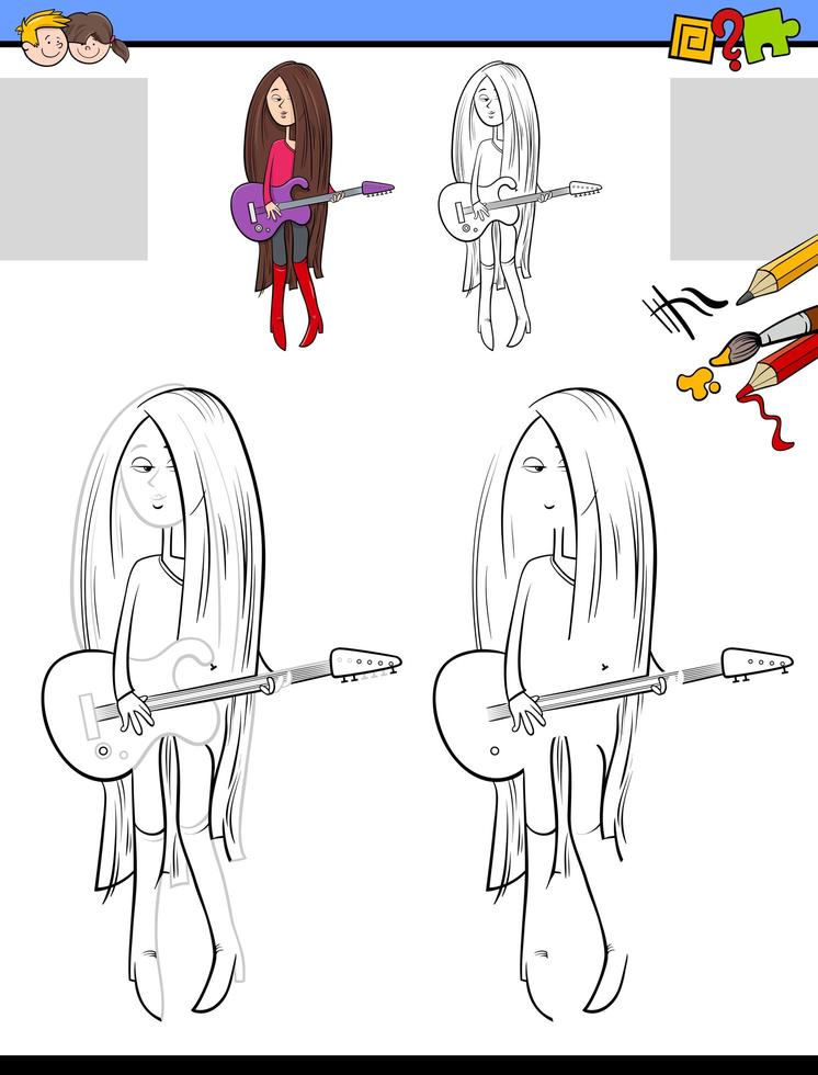 Tarea de dibujo y coloración con niña tocando la guitarra vector