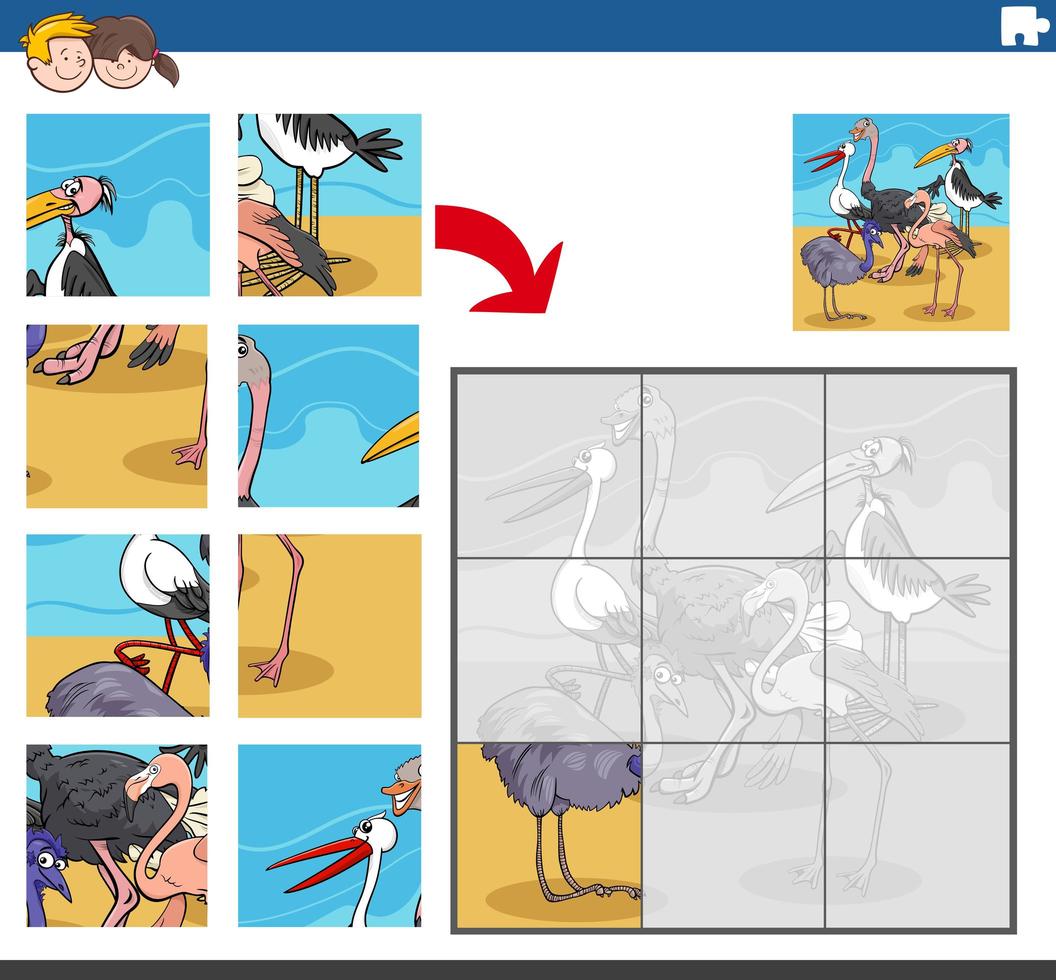 jigsaw puzzle game with comic birds animal characters vector