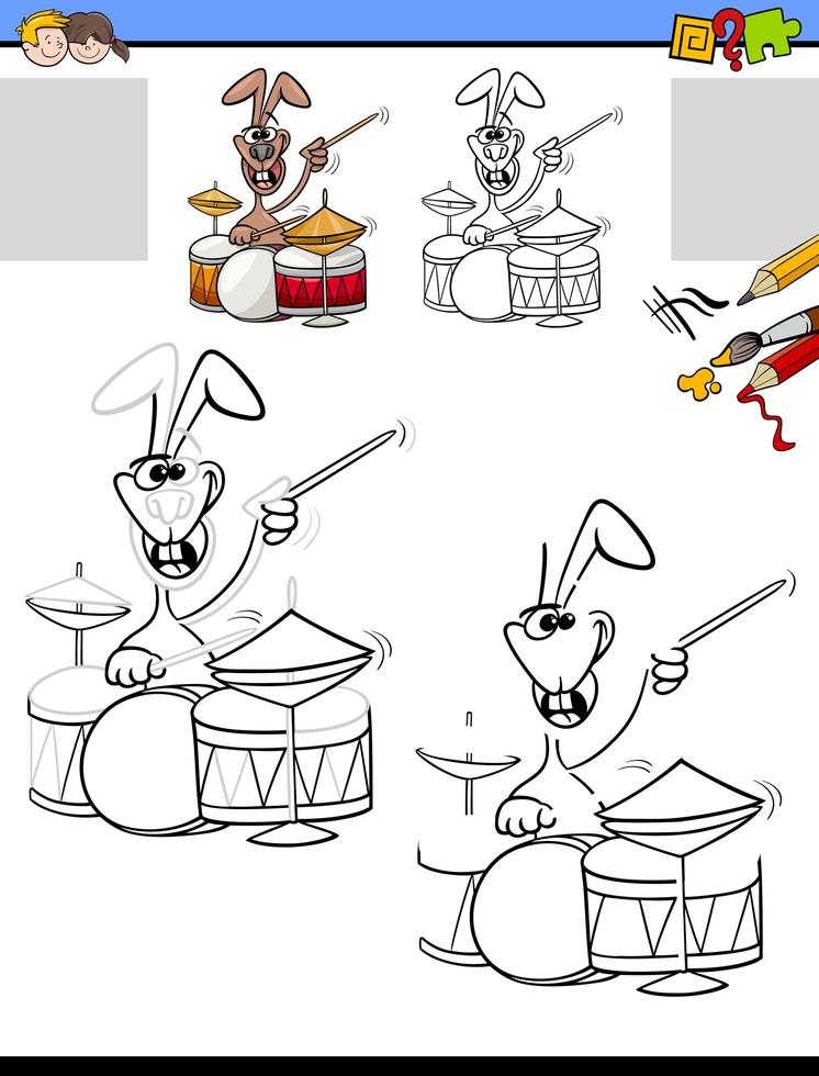 Tarea de dibujo y coloración con conejo tocando la batería vector