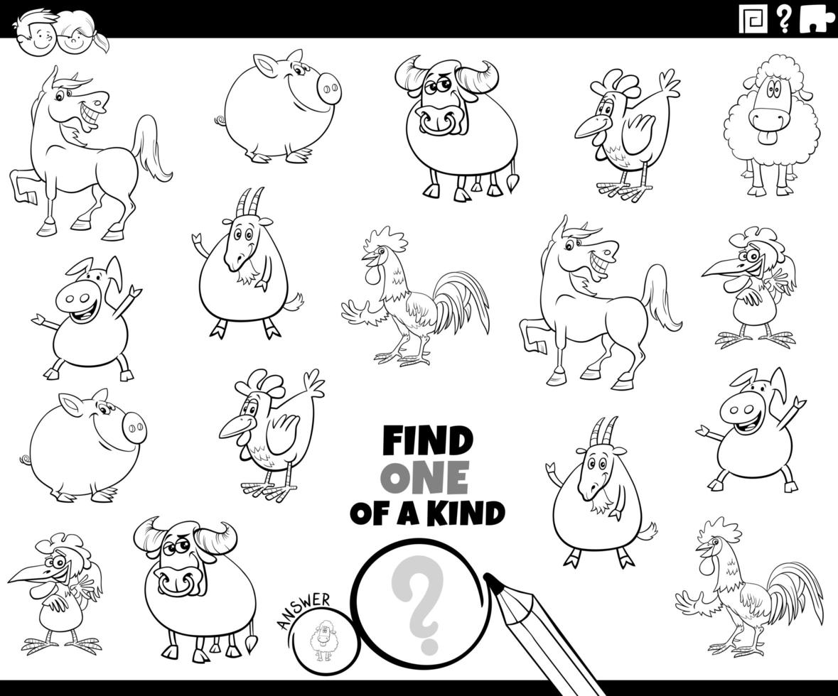 one of a kind game with farm animals coloring book page vector