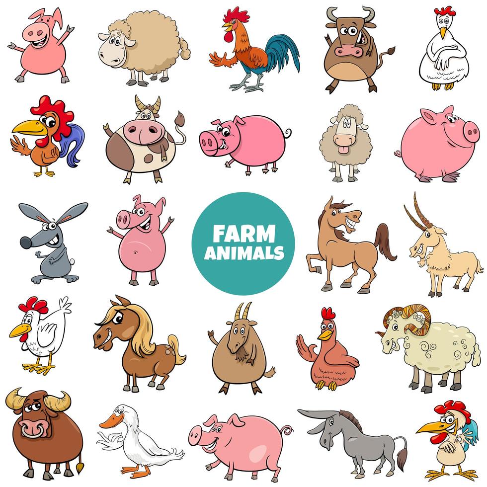 cartoon farm animal characters big set vector