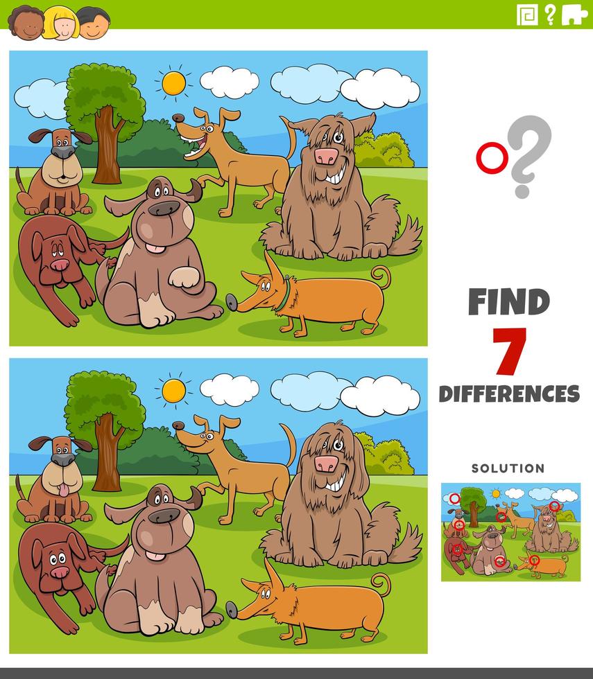 Diferencias tarea educativa para niños con perros. vector