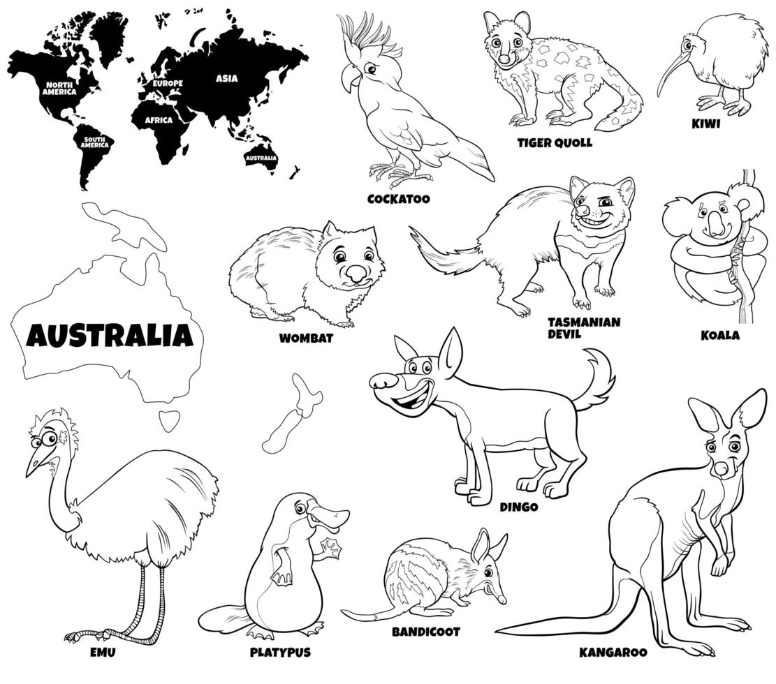 educational illustration of Australian animals color book page vector