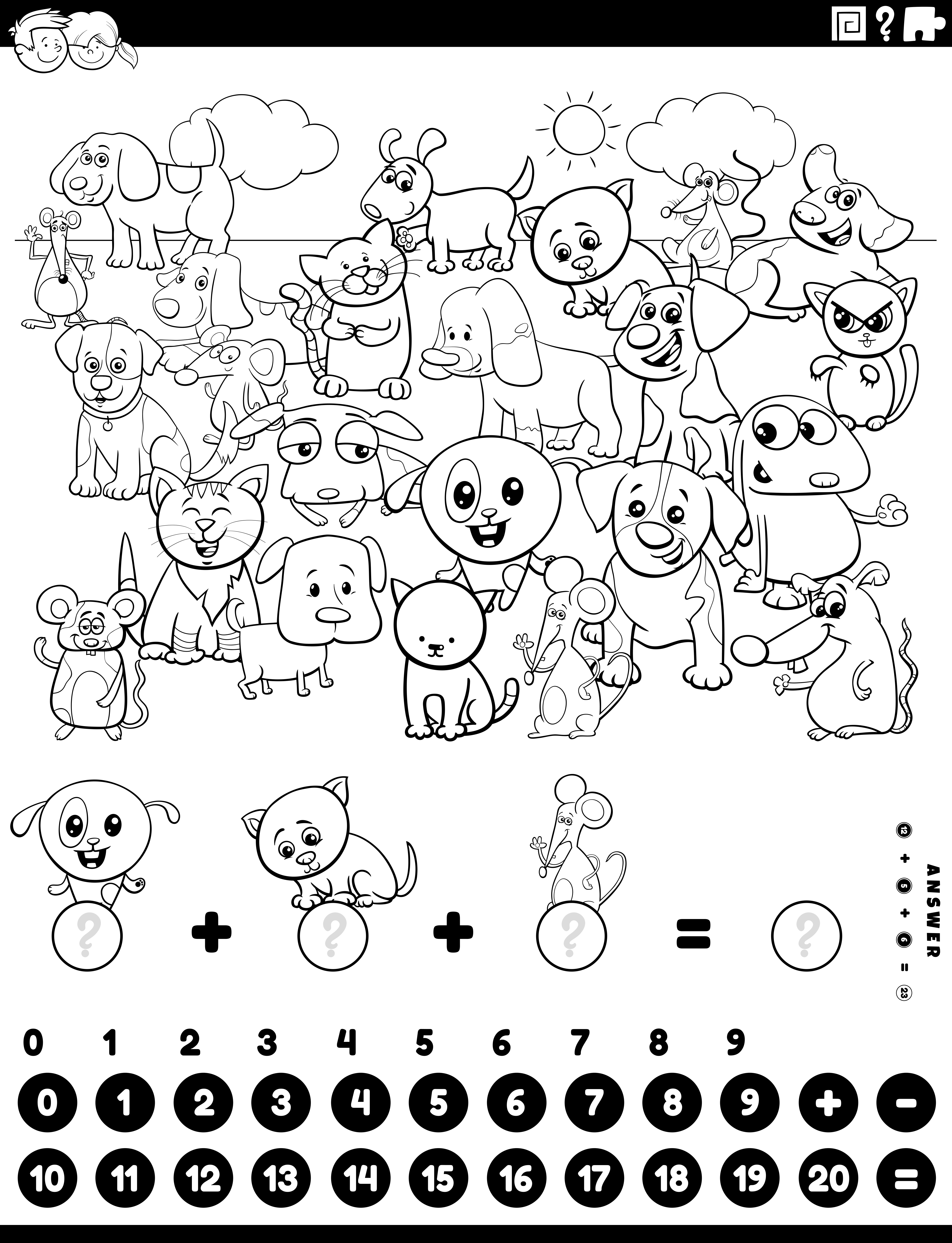 counting and adding task with animals coloring book page ...