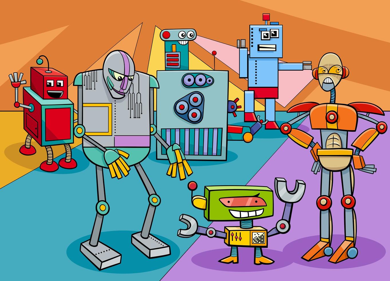 divertido, robot, caracteres, grupo, caricatura, ilustración vector