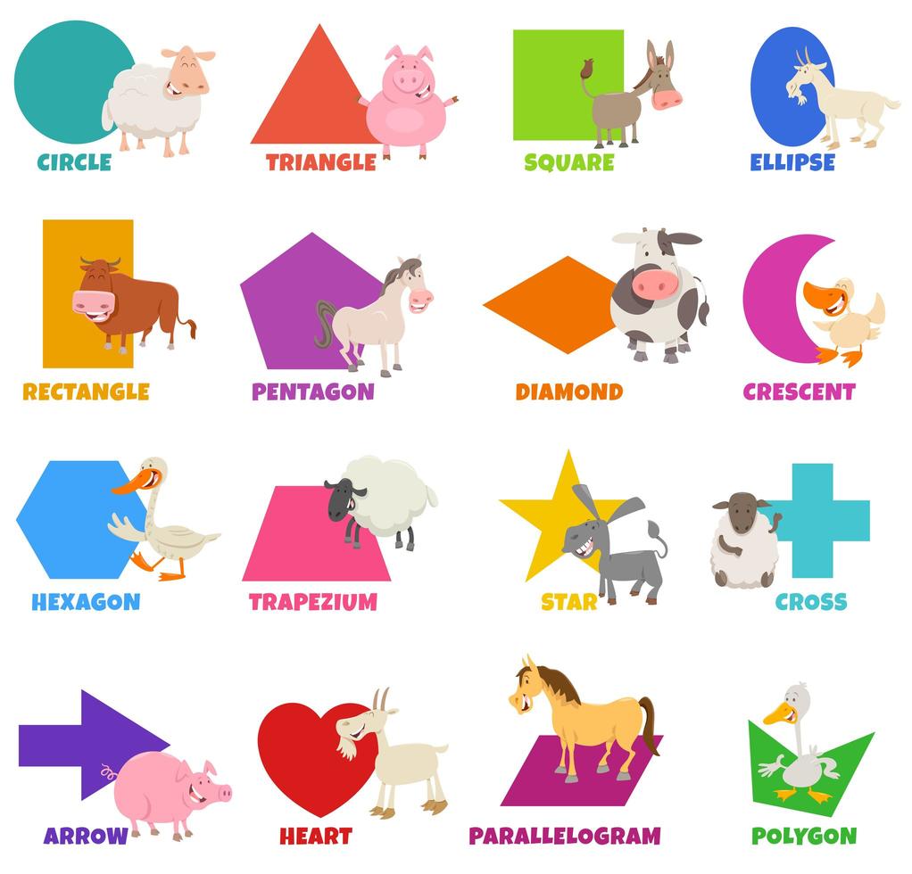 basic geometric shapes with fanny farm animals set vector