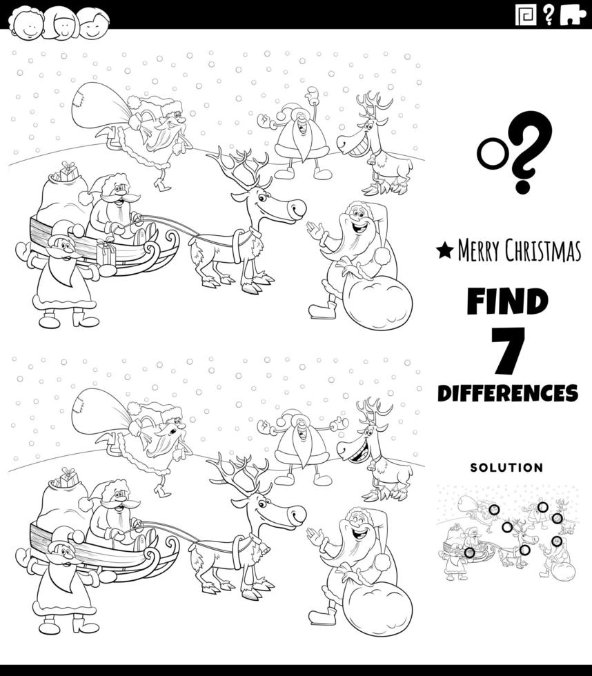 Juego de diferencias con personajes navideños para colorear página del libro vector