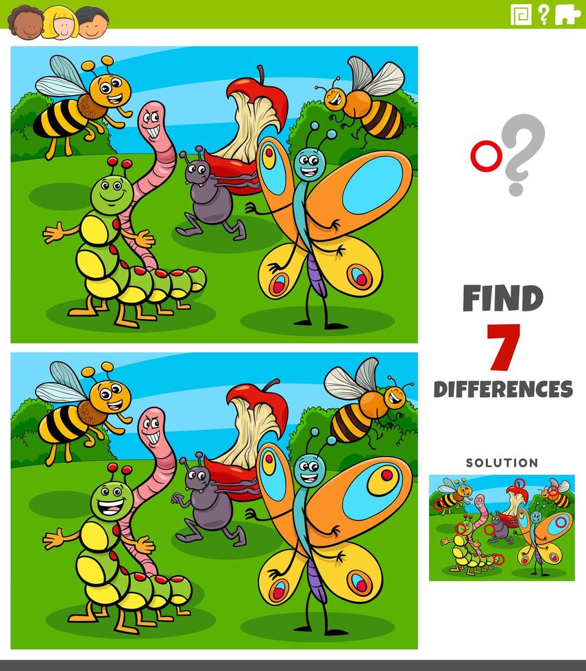 juego educativo de diferencias con personajes de insectos. vector