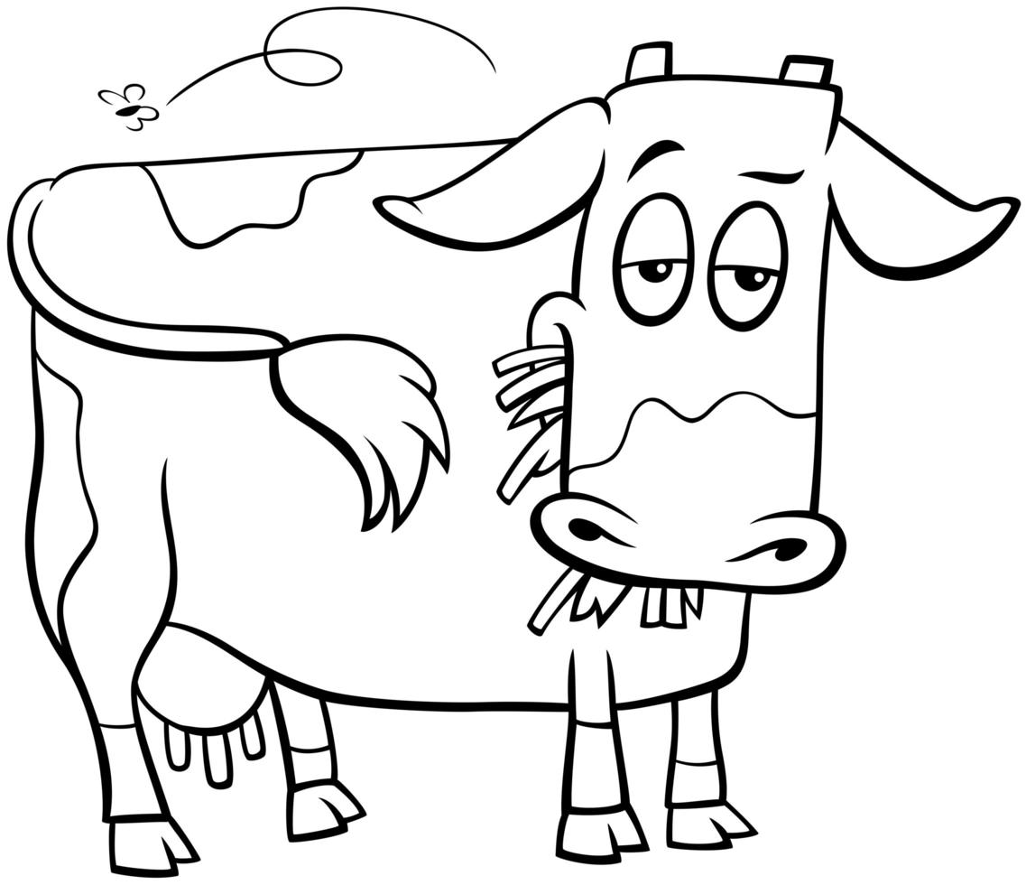 vaca, granja, animal, carácter, caricatura, libro colorear, página vector