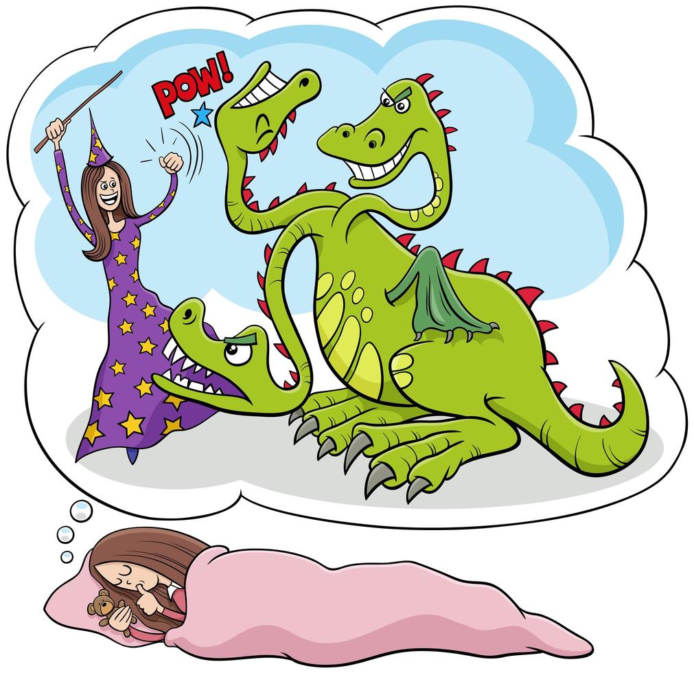 dibujos animados niña durmiendo soñando con derrotar al dragón vector
