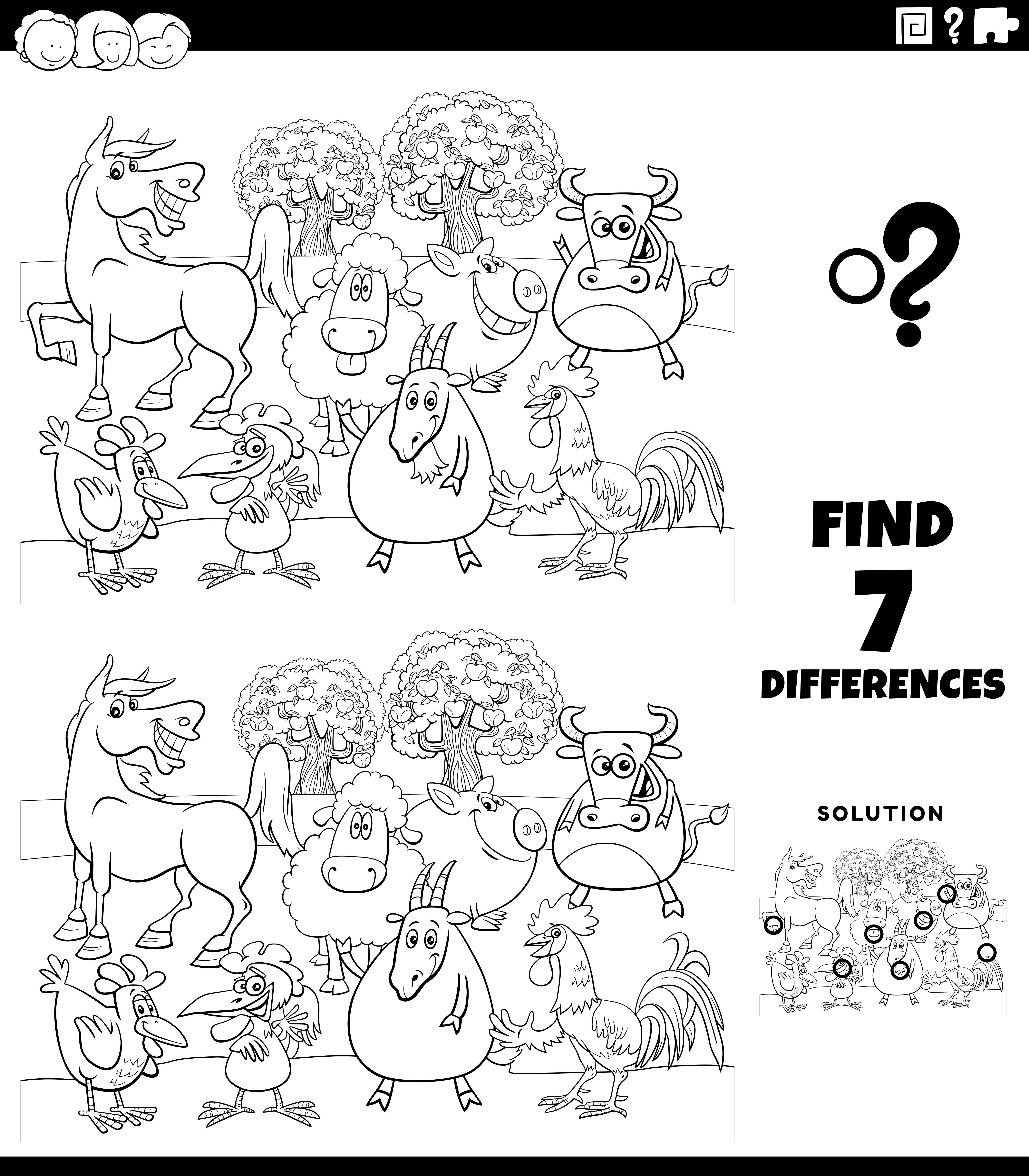 Download Differences Educational Game With Farm Animals Coloring Book Page 1945233 Vector Art At Vecteezy