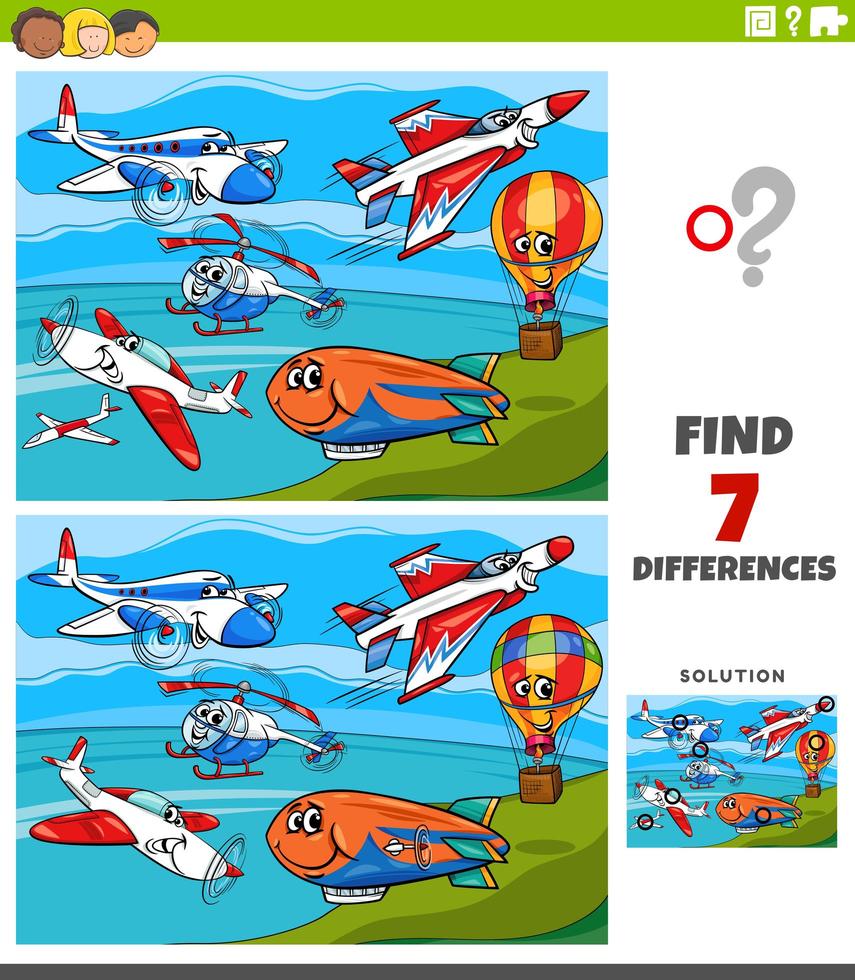 juego educativo de diferencias con aviones y máquinas voladoras. vector