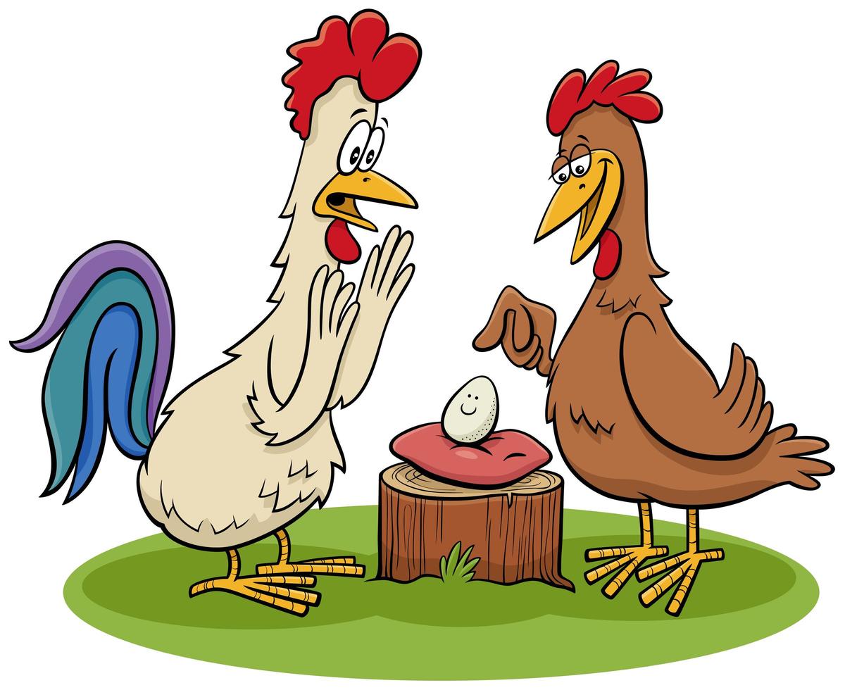 rooster and hen with egg cartoon illustration vector