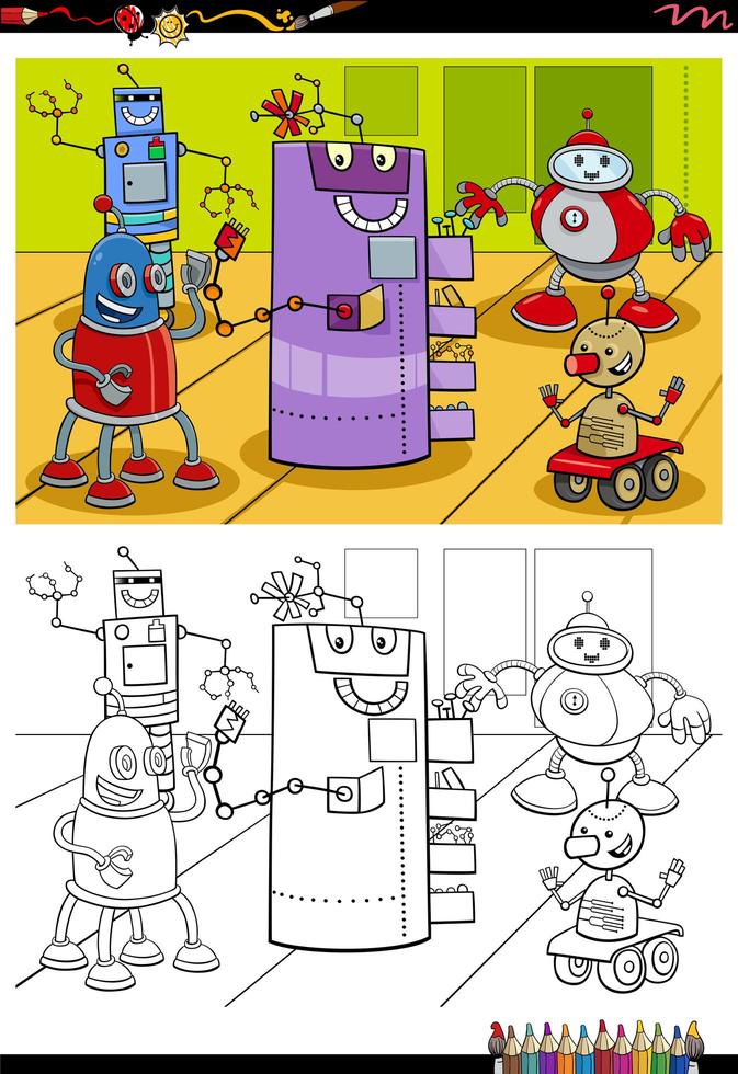 cartoon robot characters coloring book page vector