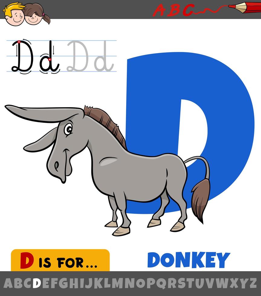 letter D worksheet with cartoon donkey farm animal vector