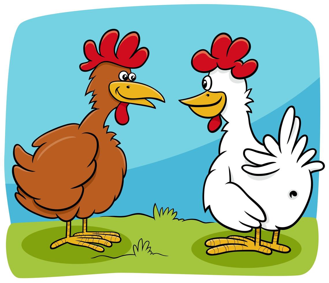 cartoon two hens farm birds characters talking vector