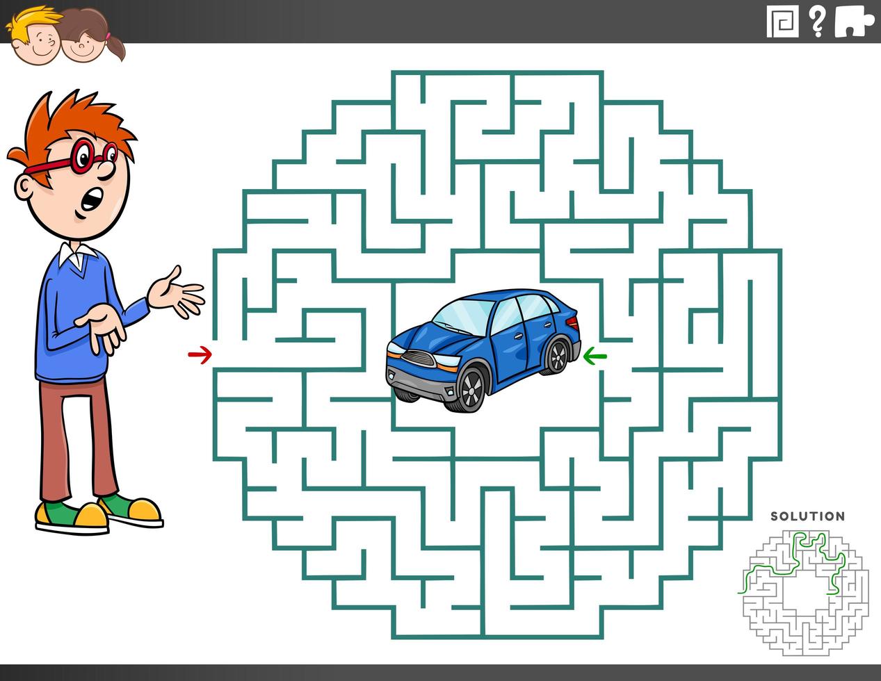 juego educativo de laberinto con niño y coche de juguete. vector