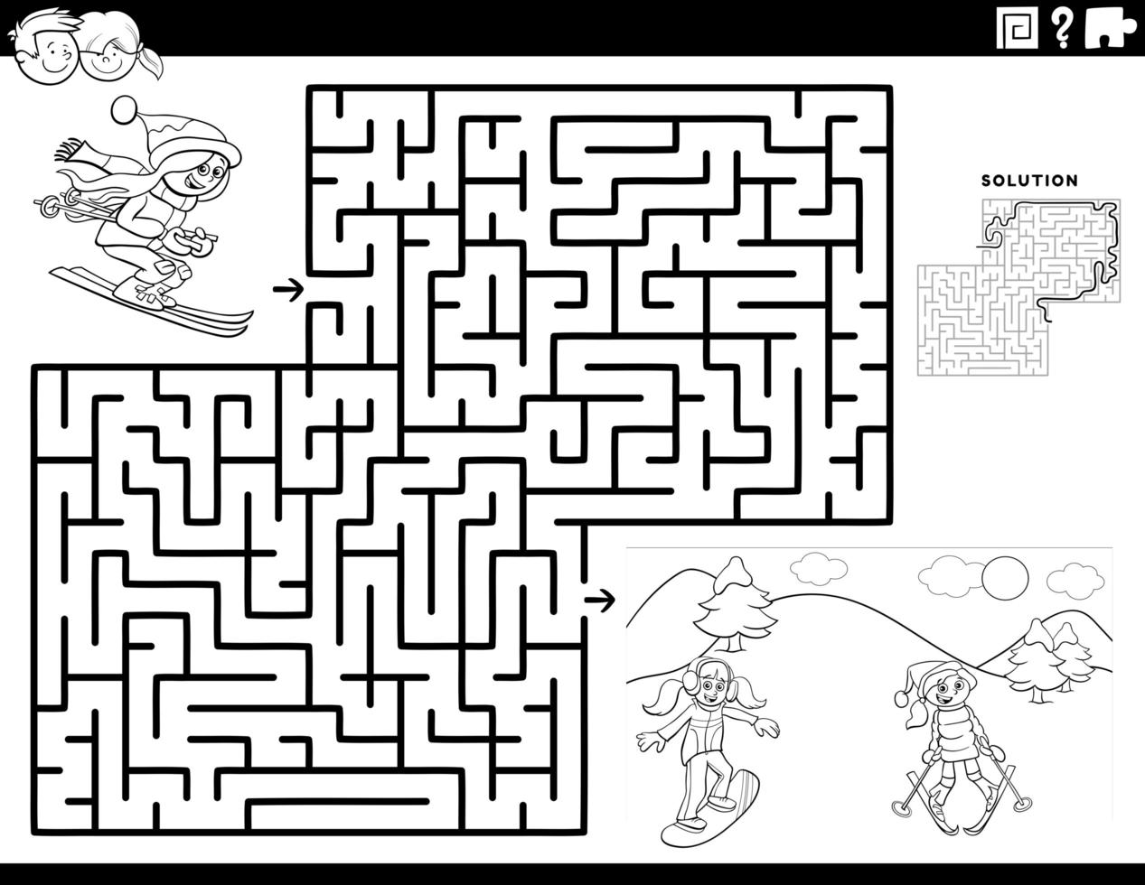 maze game with skiing girls coloring book page vector